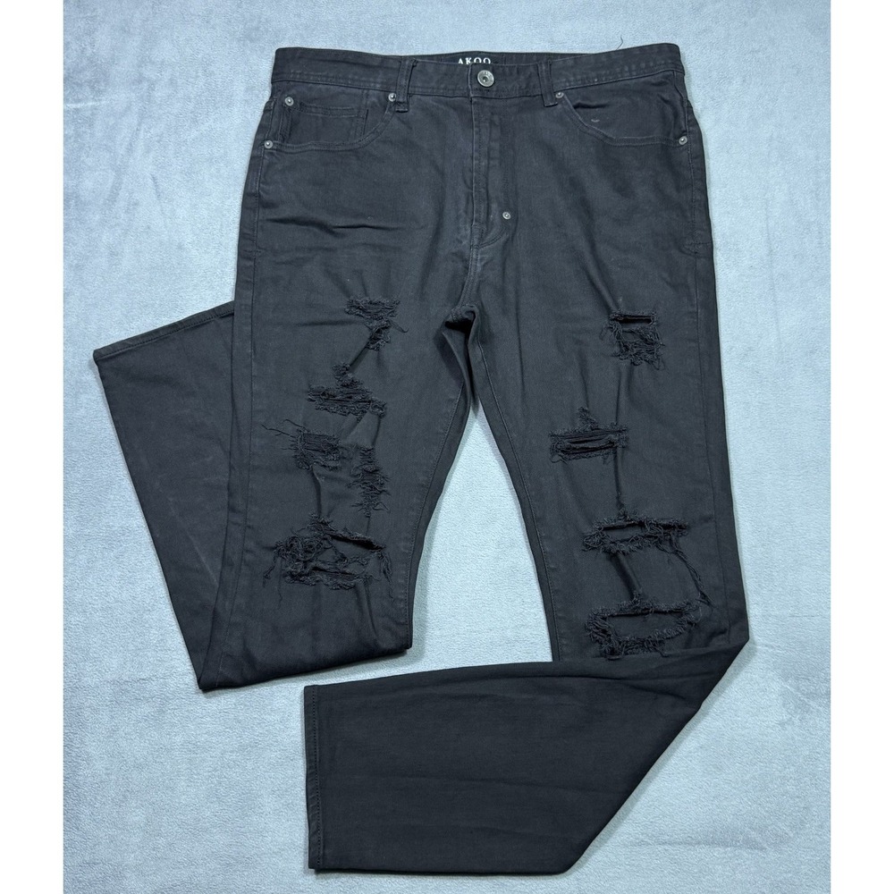 Akoo Jeans Mens 34x32 Black Distressed Slim Tapered Y2K Retro Grunge Streetwear
